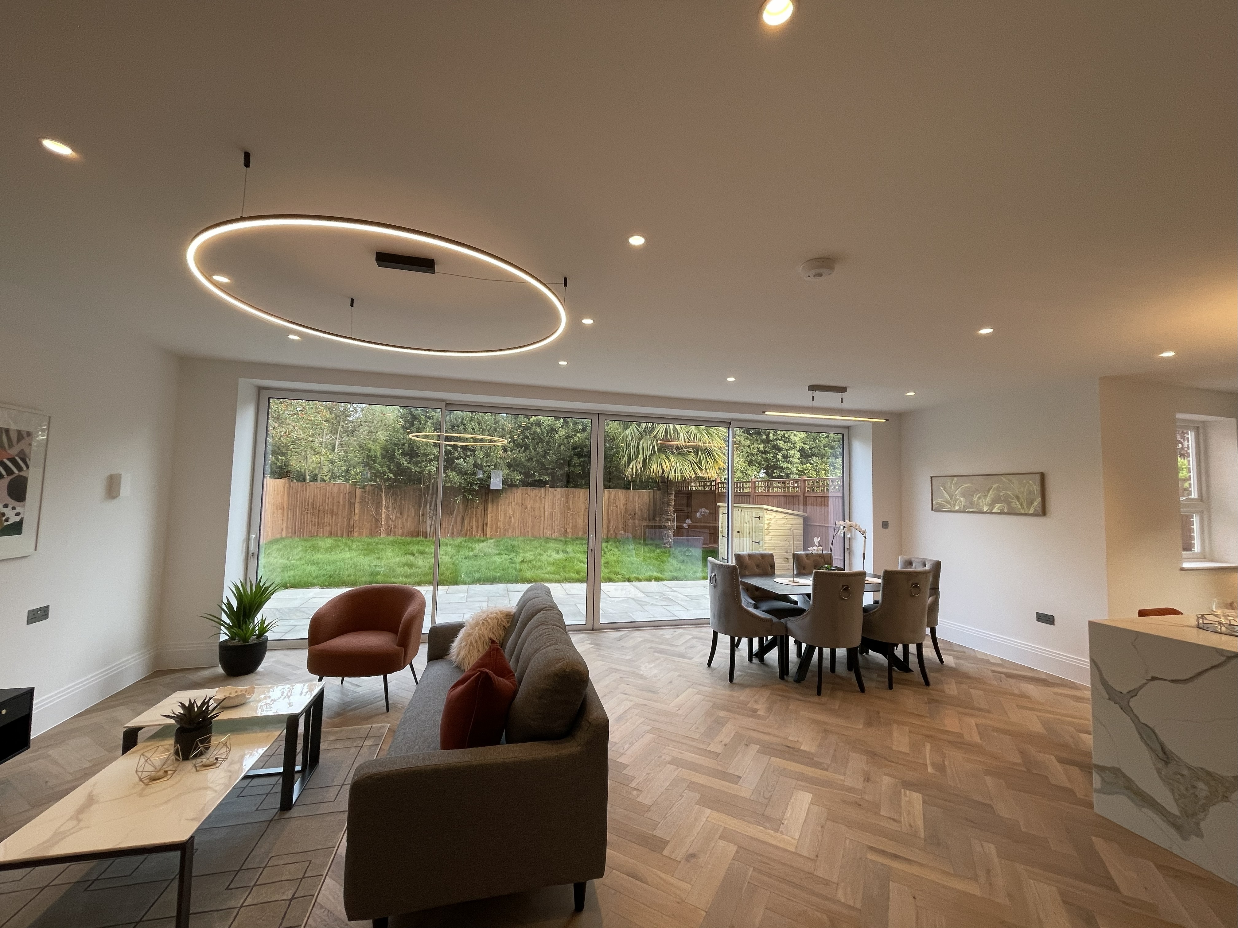 Modern living room with herringbone floor